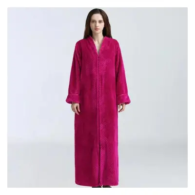 (rose red, M(40-60kg)) Autumn&winter Zipper Velvet Bathrobe Plus Increase Nightgown Men Women Th