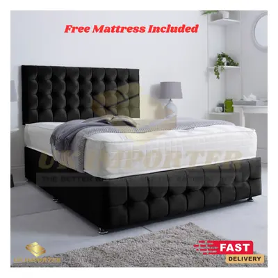 (Black Plush, Super King 6FT(2 Drawer Footend)) PLUSH VELVET ORTHOPAEDIC DIVAN BED CUBE HEADBOAR