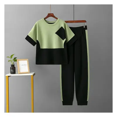 (green, OneSize) Pant Suits Women&apos;s Summer O Neck Color Block Loose Ice Silk Short Sleeve T