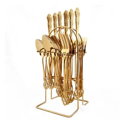 (24pcs+cutlery rack) High Quality Gold Stainless Steel Dinnerware Cutlery Set Western Style Dinn