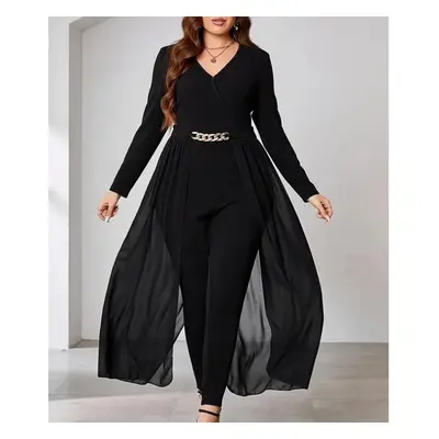 (black, 4XL) Plus Size Black Elegant V-neck Long Sleeve Jumpsuits Women Spring Party High Waist 