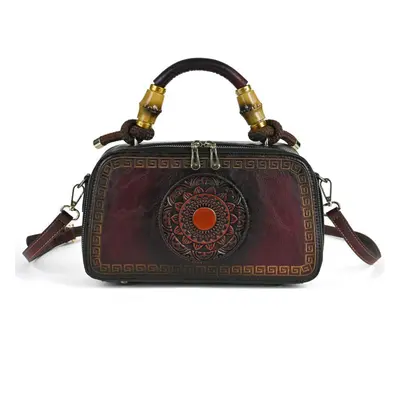 (burgundy) Johnature Handmade Embossed Retro Totem Women Bag Versatile Chinese Style Leather Han