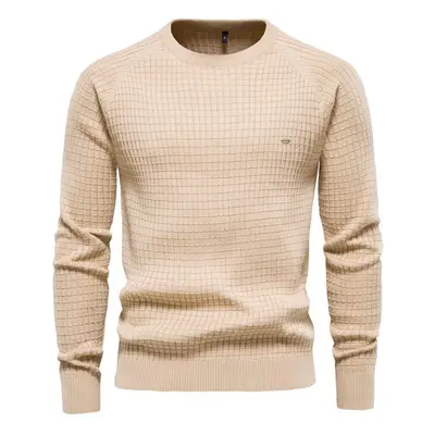 (khaki, USA 90-100 kg) Aiopeson Cotton Men&apos;s Sweater New Winter Autumn Soild Plaid O-neck P