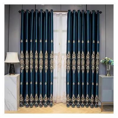 (blue, 310*270cm*2pcs) European Style Curtains Thickened Embroidered Curtains Bedroom Full Black