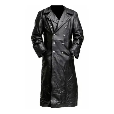 (black, L) Men&apos;s Solid Color Slim Long Leather Windbreaker Jacket