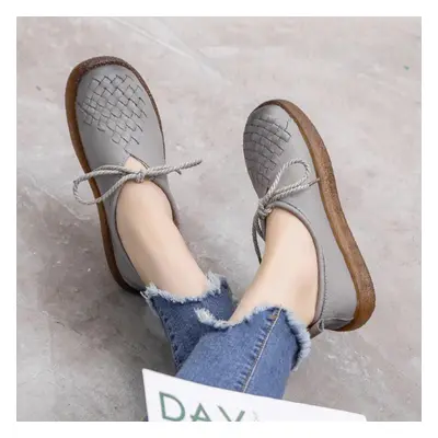 (grey, 41) Retro Women Loafers Genuine Leather Flat Shoes Slip On Soft And Comfortable Lace Up C