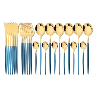 (blue,gold) 24pcs Mint Gold Dinnerware Set Knife Fork Coffee Spoon Cutlery Western Stainless Ste