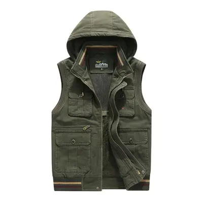 (army green, 4XL) Brand Vest Men Winter Fleece Thick Warm Waistcoat Men Hooded Multi Pockets Mil