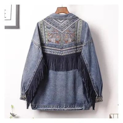 (blue, XS) Spring Women&apos;s Embroidered Vintage Denim Jacket