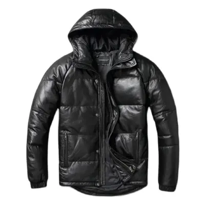 (black, M) Chinese Size Raglan Sleeve Thick Men Leather Jacket Hood Warm Duch Down Coat Winter J