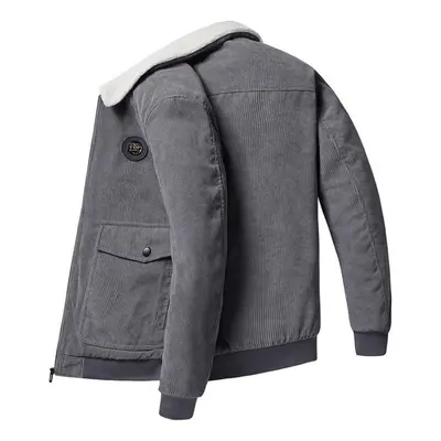 (grey, 5XL) Winter New Fleece Warm Thick Jackets Men Fashion Fur Collar Corduroy Coat Men Autumn