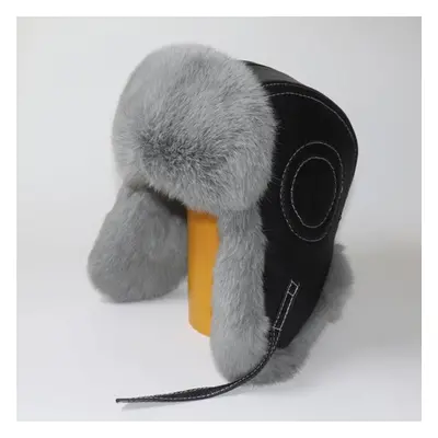 (grey, 62cm) Men&apos;s Fur Caps Warm Natural Rabbit Fur Bomber Hat With Earflaps Winter Hot Sal