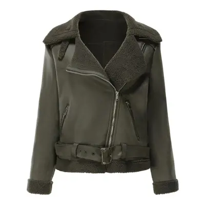 (army green, M) Fall Winter Women Lapel Collar Long Sleeve Slim Fit Zipper Pu Leather Jacket