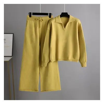 (yellow, OneSize) Autumn Winter Solid Color Knitted Suit For Women&apos;s Polo Collar Oversized 