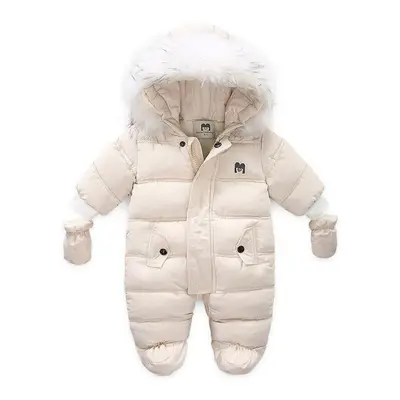 (white, 80CM) Thick Warm Infant Baby Jumpsuit Hooded Inside Fleece Boy Girl Winter Autumn Overal