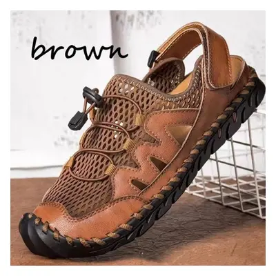 (brown, 38) Breathable Mesh Sandals For Men Summer Casual Beach Sandals Genuine Cowhide Flats Sa