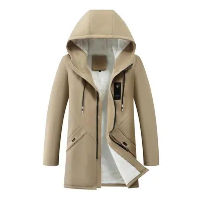 (dark khaki, XXXL) Large Size Men&apos;s Autumn And Winter Long Windbreaker Coat Hooded Thicken 