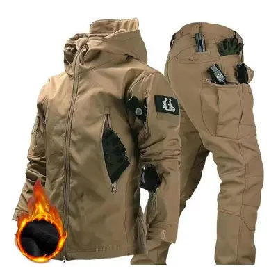 (khaki, L) Men&apos;s Winter Autumn Fleece Jackets Tactical Waterproof Suits Outdoor Fishing Hik