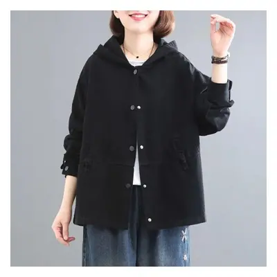 (black, L) Hooded Denim Jacket Women&apos;s Casual Clothing Spring Autumn Loose Fit Cropped Work