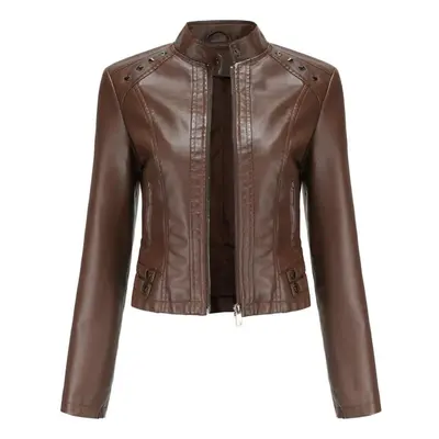 (brown, L) Women Faux Leather Jacket Cropped Zip Up Motorcycle Short Pu Moto Biker Outwear Fitte