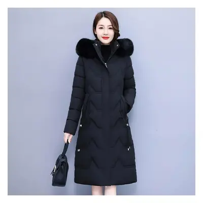 (black, XXL) Winter New Large Size Women Thick Padded Cotton Hooded Jacket Hit The Color Long Se