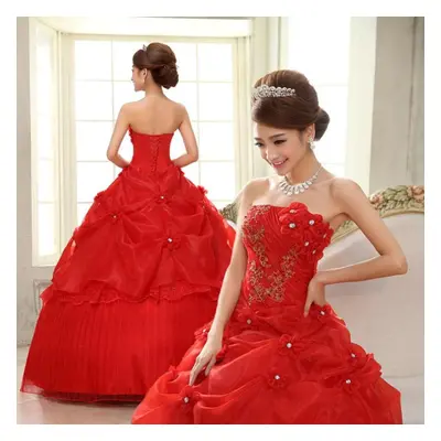 (red, M) Long Sleeved Wedding Dress A-line New Trailing Lace Bride Wedding Dress Trailing Weddin