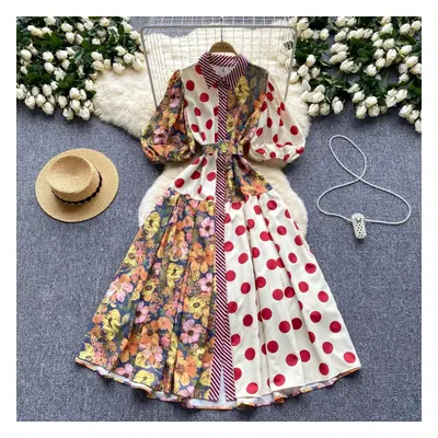 (red, One Size) Summer Elegant Midi Patchwork Dress For Women Lapel 3/4 Sleeve Wave Point Breast