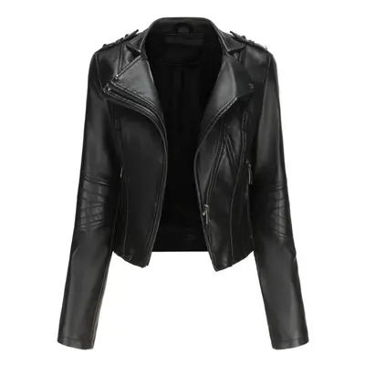 (black, 3XL) Women's Jackets Rivets Faux Leather Lapel Zipper Bomber Jacket Short Slim Fit Motor