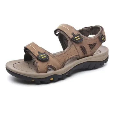 (khaki, 40) Large Size Genuine Leather Men Sandals Summer Men Beach Sandals Outdoor Sandals For 