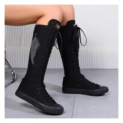 (black, 34) Women&apos;s Fashion Flat Canvas Sports Boots With Lace Inside Zipper