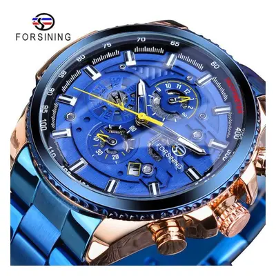 (blue-green) Forsining2022 New Three-disc Sports Automatic Mechanical Strap Calendar Men&apos;s 