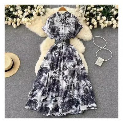 (black, M) Rugod Palace Style French Niche Temperament Elegant Printed Dress Women&apos;s Summer