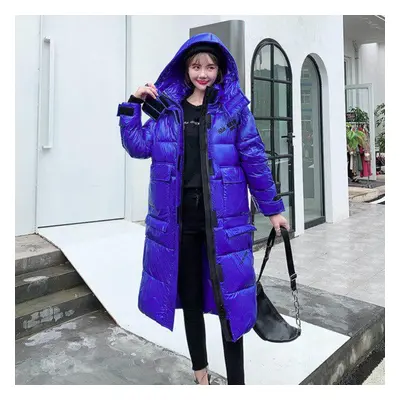 (blue, XXL) Women X-long Winter Jacket Glossy Hooded Windproof Warm Bio Down Coat Oversize Cotto