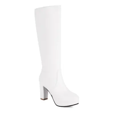 (white, 44) Annymoli Women Knee High Long Boots Round Toe Thick High Heels Zipper Platform Gogo 