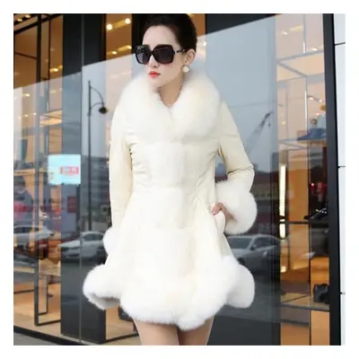 (white, XL) Ladies Winter Faux Fox Fur Leather Coat Warm Fluffy Hoodie Thick Overcoat Plus Size 