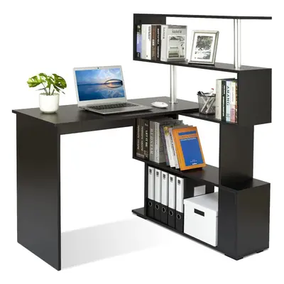 Meerveil Shaped Computer Desk, Corner Desk, Degree Rotatable Shelves, Space Saving Table w/ Spac