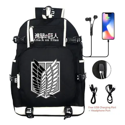 Anime Attack On Titan USB Backpack Student Schoolbags Black Fashion Shoulder Bag-as the picture