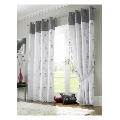 Tahiti Eyelet Curtains Embroidered Lined Voile Silver 56x90"