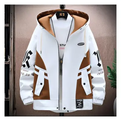 (white, XXXXL) Men&apos;s Casual Hooded Jackets Autumn Patchwork Thin Coats Outwear Top Windbrea