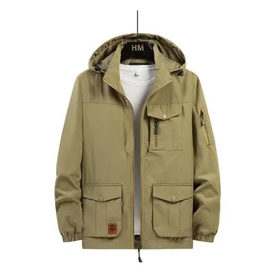 (khaki, L) Fashion Spring Jacket Men&apos;s Loose Plus Size Autumn Multi Pocket Jacket Can Take 