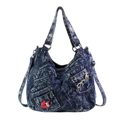 (blue) Women Handbag Fashion Joker Denim Shoulder Bag Lady Vintage Casual Jeans Tote Leisure Rhi