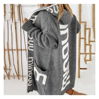 (S, grey) Mid-length Thick Cardigan Female Loose Batwing Sleeve Sweaters Hooded Jacket