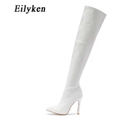 (white, 35) Eilyken Sexy Patent Leather Over The Knee Boots Fashion Pointed Toe Zip Women Nightc