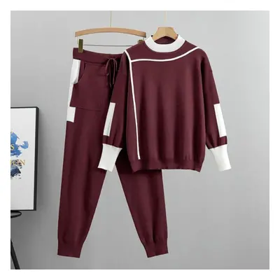 (burgundy, XXXXL) Spring And Autumn Women&apos;s Knit Set Fashion Temperament Casual Knit Top Pa