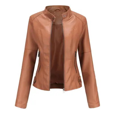 (camel, XL) Women Faux Leather Biker Jacket Pu Motorcycle Casual Zip Up Slim Coat Cropped Racer 