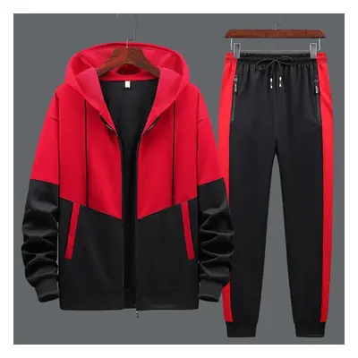 (red, M) Two Piece Fashion Coat Long Sleeve Sports Suit Men&apos;s Casual Hooded Sweater Pants