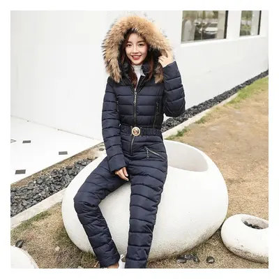 (blue, XL) One Piece Ski Suit Women Jackets Winter Fur Collar Hooded Parka Jumpsuit Cotton Bodys