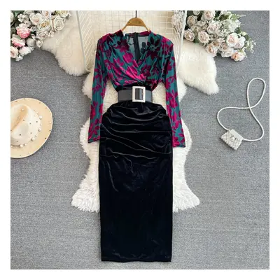 (rose red, XXL) Autumn New Style Of Celebrity Temperament V Neck Bronzing Printing High Waist Fo