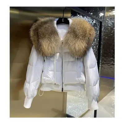 (white, L) Women&apos;s Autumn And Winter High-end Down Jacket Imitation Raccoon Fur Collar Loos