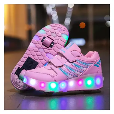 (pink, 34) Children&apos;s Rechargeable Roller Skates Double Roller Skates Men/women Led Lightin